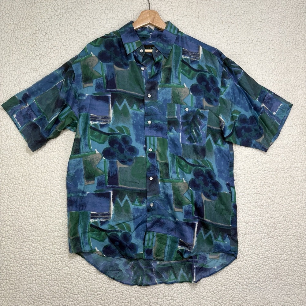 VTG Santana 100% Silk Geometric Patchwork Floral M Grandpacore Abstract 90s